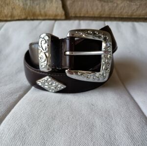 Vintage The Ritz Silver Buckle Brown Leather Belt_ Large